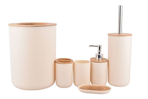Set Baño Cepillo+Recipiente Comb Madera 6Pz