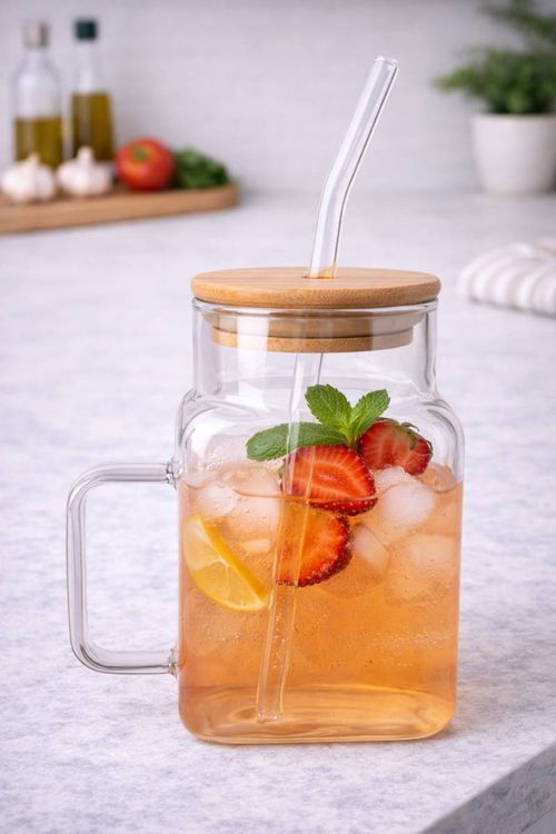 Taza de Vidrio c/Tapa Bamboo 620ML
